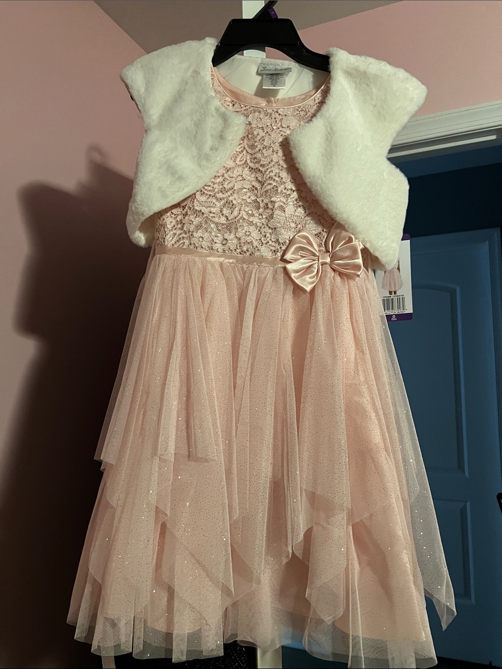 Jona Michelle Blush Pink Lace & Tulle Party Dress with White Faux Fur Bolero